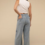 Washed Linen Elastic Band Waist Cargo Pants, Zenana (various colors)
