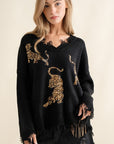 Frayed Edge Sequin Tiger Sweater (Various Colors), Blue B