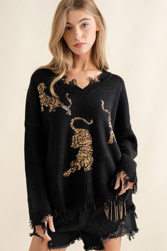 Frayed Edge Sequin Tiger Sweater (Various Colors), Blue B