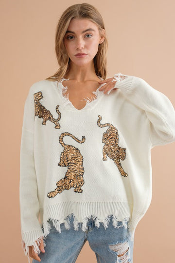 Frayed Edge Sequin Tiger Sweater (Various Colors), Blue B