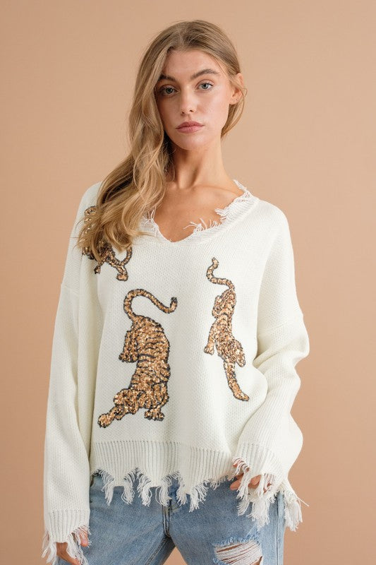 Frayed Edge Sequin Tiger Sweater (Various Colors), Blue B