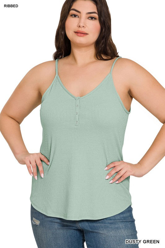 RIBBED HALF SNAP BUTTON CLOSURE CAMI (Plus Only, Various colors)