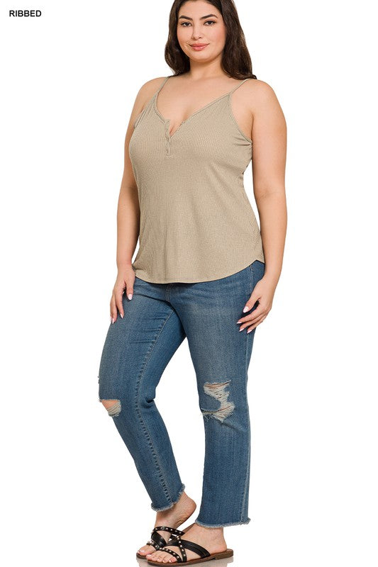 RIBBED HALF SNAP BUTTON CLOSURE CAMI (Plus Only, Various colors)