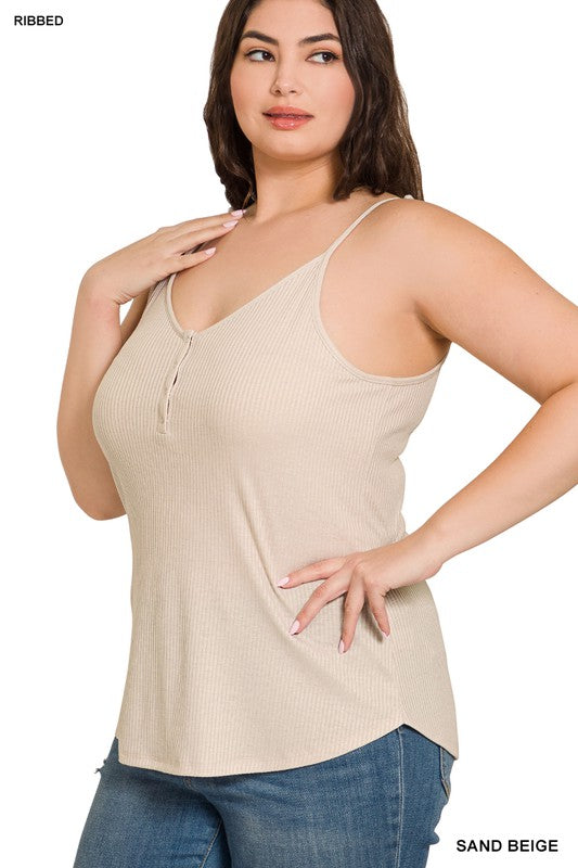 RIBBED HALF SNAP BUTTON CLOSURE CAMI (Plus Only, Various colors)