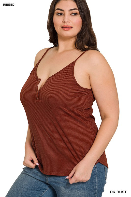 RIBBED HALF SNAP BUTTON CLOSURE CAMI (Plus Only, Various colors)