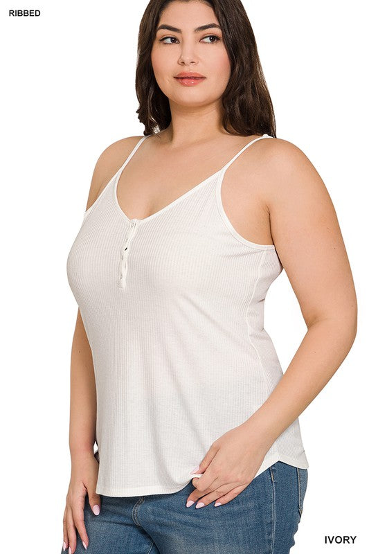 RIBBED HALF SNAP BUTTON CLOSURE CAMI (Plus Only, Various colors)