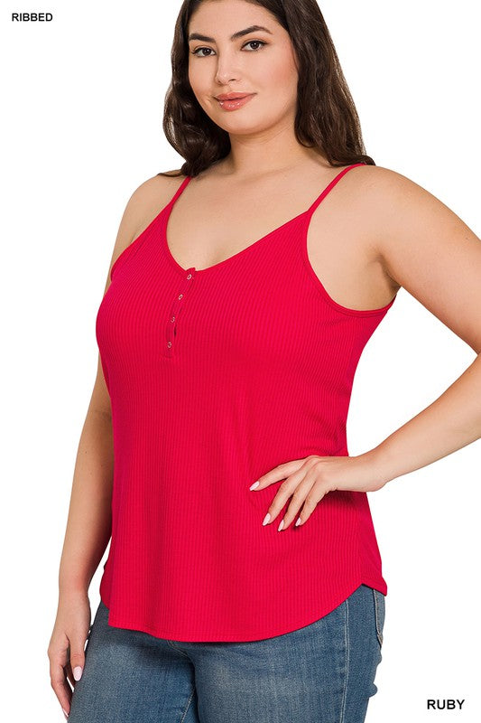 RIBBED HALF SNAP BUTTON CLOSURE CAMI (Plus Only, Various colors)