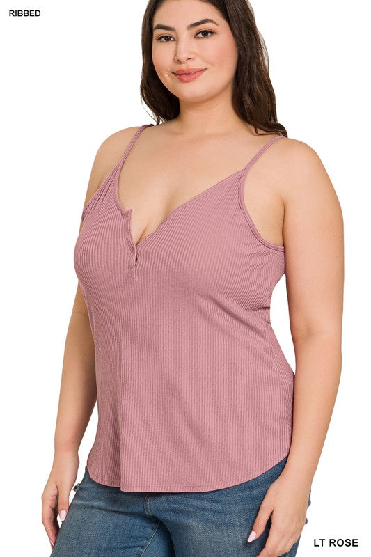 RIBBED HALF SNAP BUTTON CLOSURE CAMI (Plus Only, Various colors)