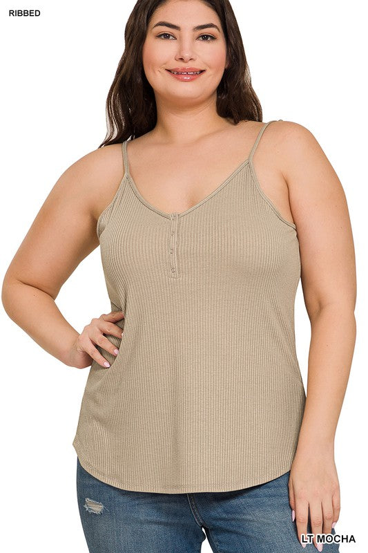 RIBBED HALF SNAP BUTTON CLOSURE CAMI (Plus Only, Various colors)