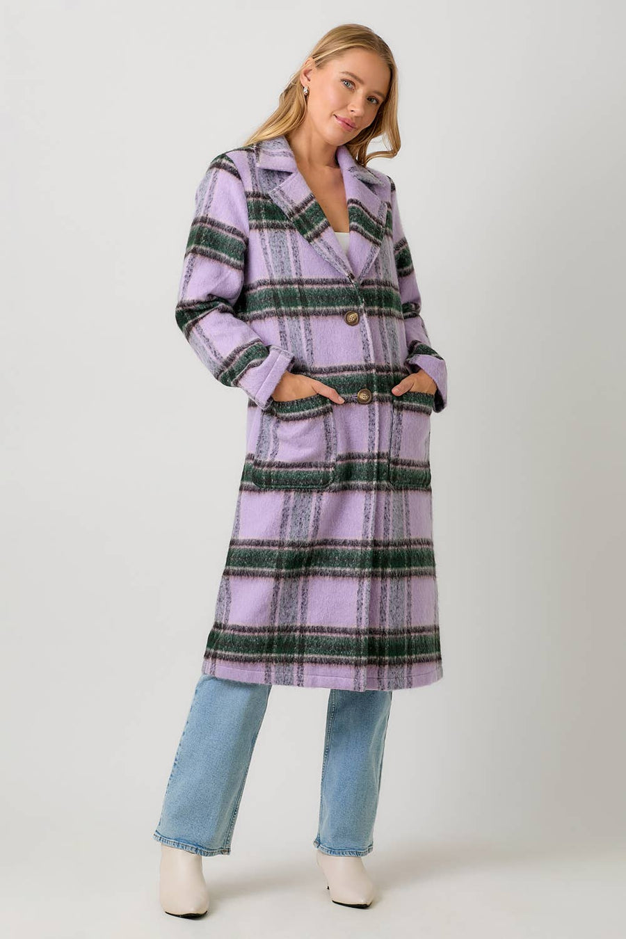 Mystree Fuzzy Plaid Long Coat