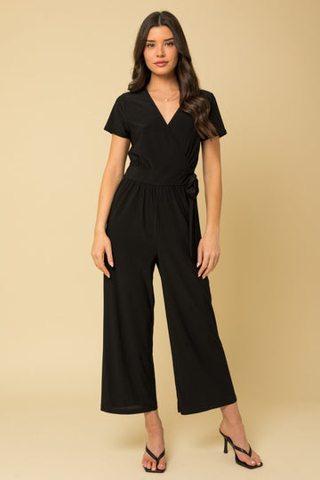 Solid Surplice Cropped Jumpsuit with Faux Wrap, Gilli