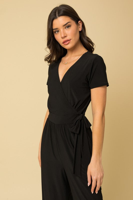 Solid Surplice Cropped Jumpsuit with Faux Wrap, Gilli