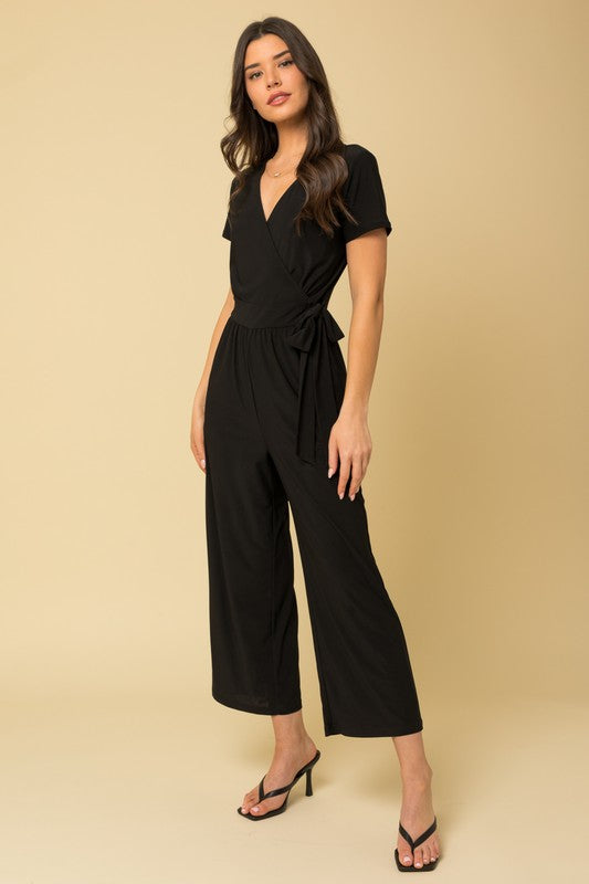 Solid Surplice Cropped Jumpsuit with Faux Wrap, Gilli