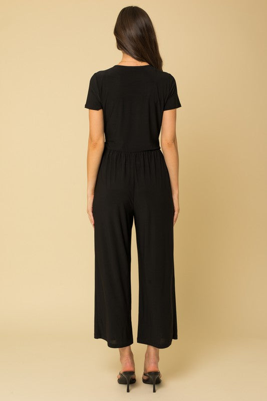 Solid Surplice Cropped Jumpsuit with Faux Wrap, Gilli