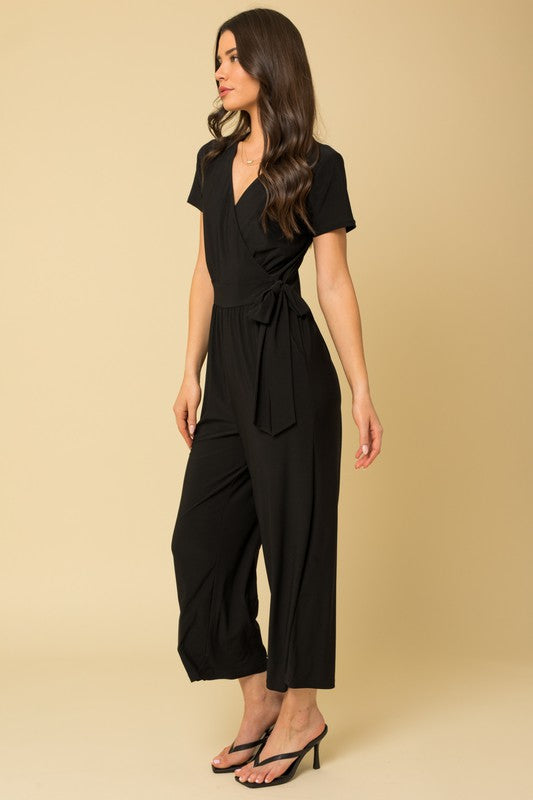 Solid Surplice Cropped Jumpsuit with Faux Wrap, Gilli