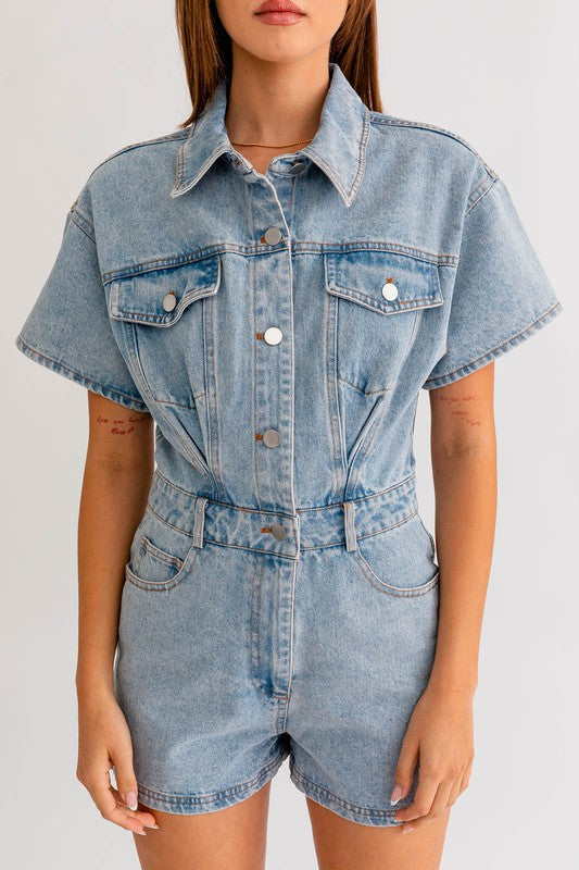 Short Sleeve Denim Romper (Various colors), Le Lis