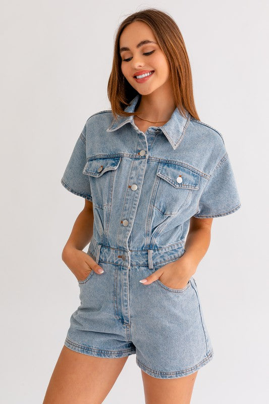 Short Sleeve Denim Romper (Various colors), Le Lis