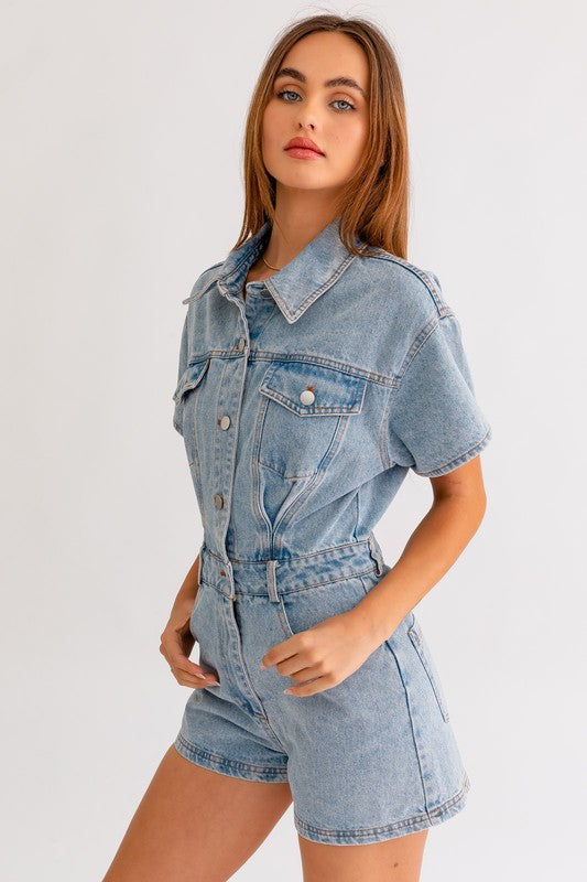 Short Sleeve Denim Romper (Various colors), Le Lis