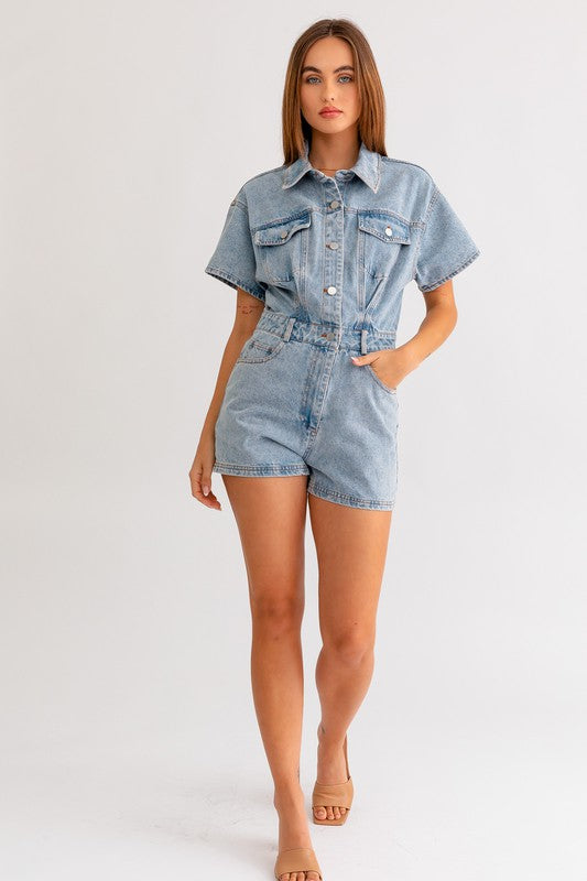 Short Sleeve Denim Romper (Various colors), Le Lis