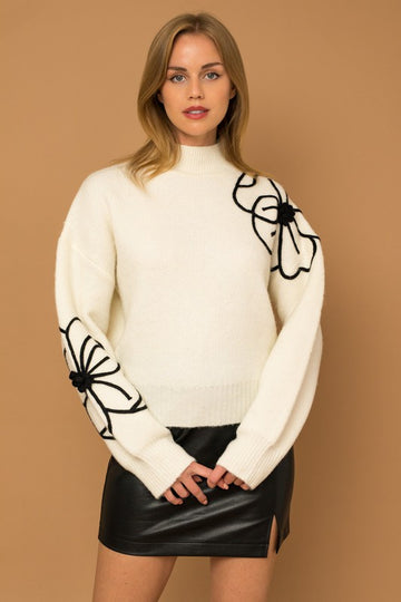 Flower Embroidery Mock Neck Sweater (Various colors) , Gilli