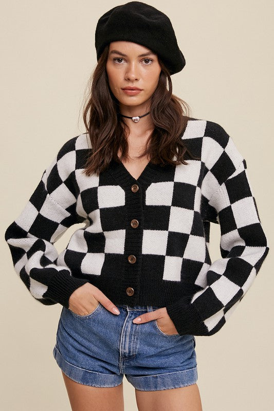 Bold Gingham Sweater Weaved Crop Cardigan, Listicle