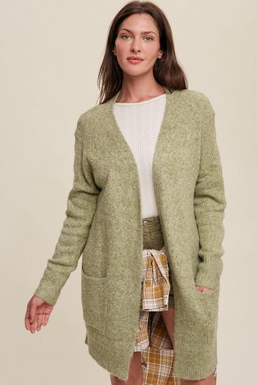 Two Pocket Open-Front Long Knit Cardigan, Listicle