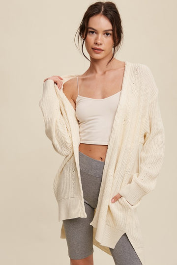 Cable Knit Open Front Long Cardigan (Various colors), Listicle