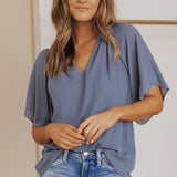 Gathered Detail Notched Neck Flutter Sleeve Top (Various colors)