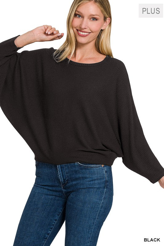 Ribbed Batwing Long Sleeve Boat Neck Sweater (Plus size only), Zenana