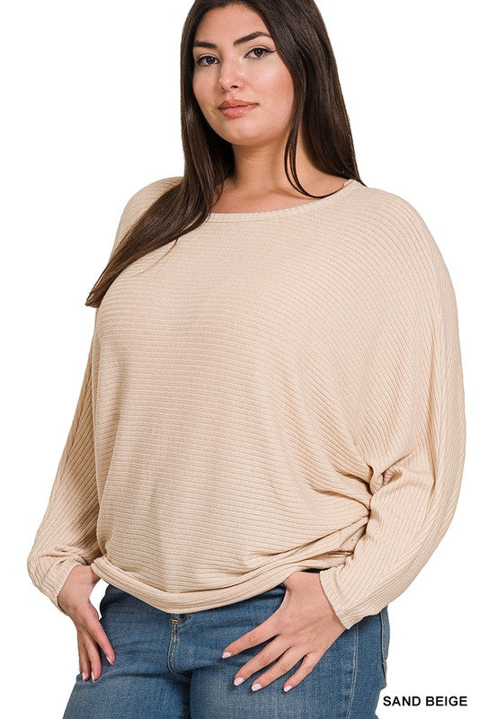 Ribbed Batwing Long Sleeve Boat Neck Sweater (Plus size only), Zenana