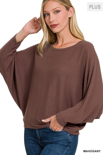 Ribbed Batwing Long Sleeve Boat Neck Sweater (Plus size only), Zenana