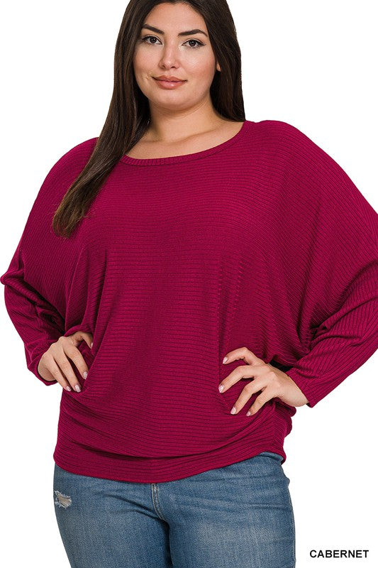 Ribbed Batwing Long Sleeve Boat Neck Sweater (Plus size only), Zenana