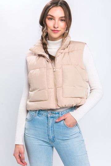 Cropped Puffer Vest With Pockets, Love Tree (Various Colors)