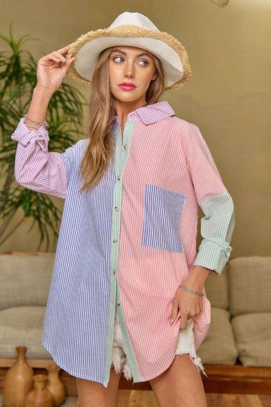 OVERSIZED MULTI COLOR STRIPE BUTTON DOWN, Davi & Dani