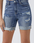 RISEN Distressed Rolled Denim Shorts with Pockets (Plus Size Only)