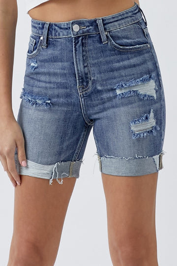 RISEN Distressed Rolled Denim Shorts with Pockets (Plus Size Only)