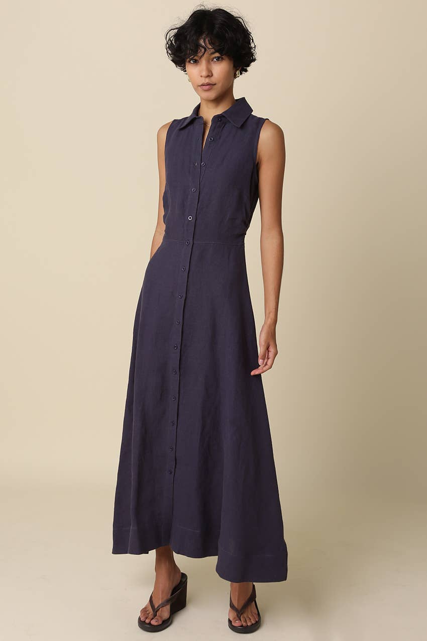 Olivaceous - Aimme Button-Front Linen Maxi Dress