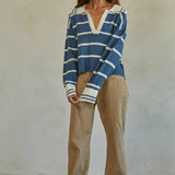 By Together -Knit Sweater Striped Collar V-Neck Long Sleeve Top