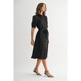 FUN2FUN - SATIN PLEATS DETAIL TIE WAIST SHIRT DRESS