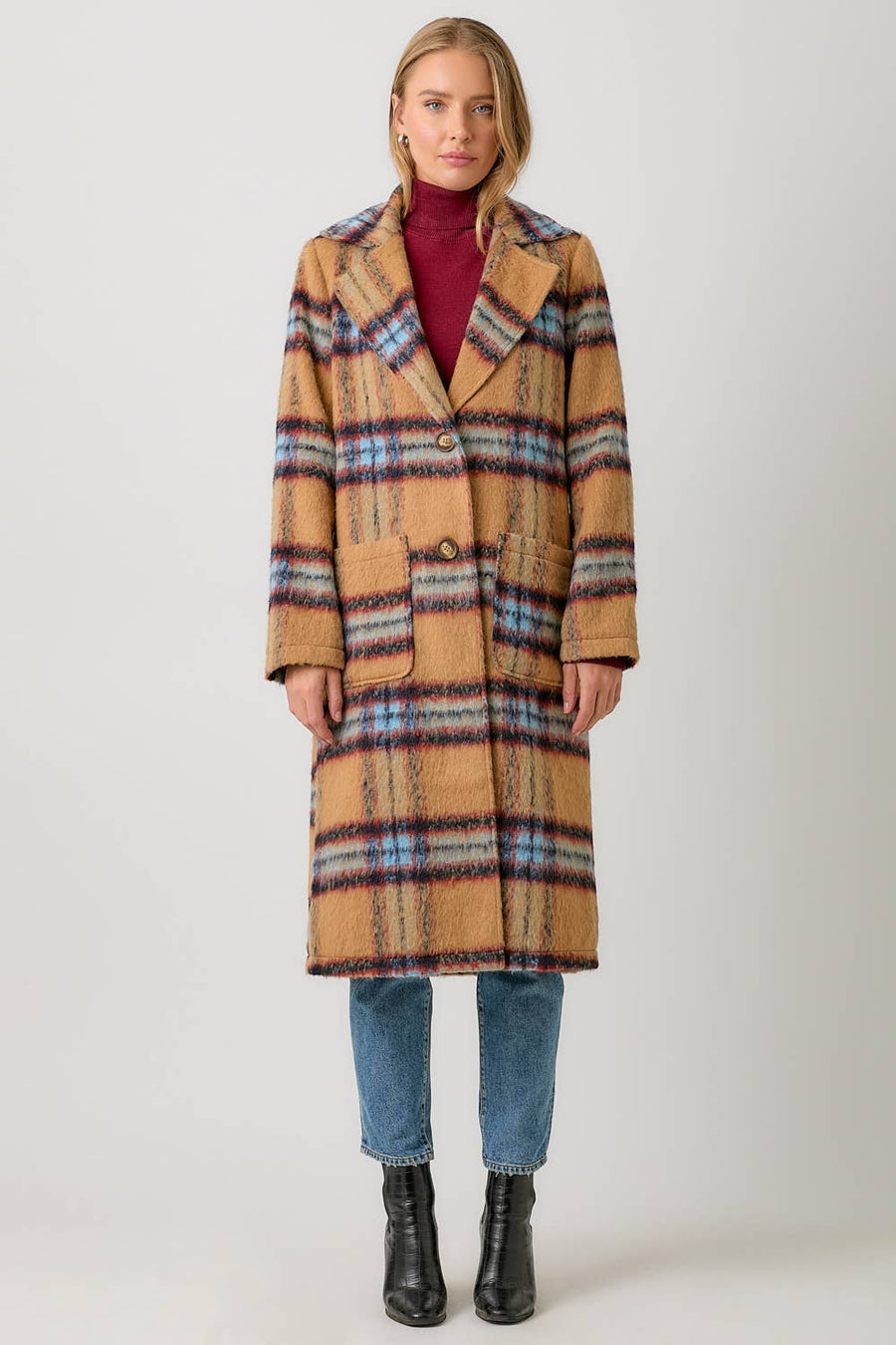 Mystree Fuzzy Plaid Long Coat