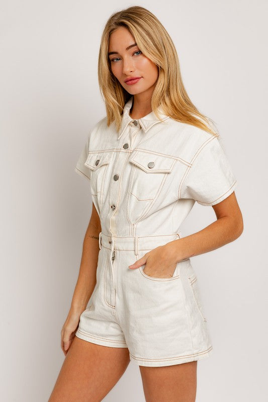 Short Sleeve Denim Romper (Various colors), Le Lis