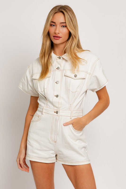 Short Sleeve Denim Romper (Various colors), Le Lis