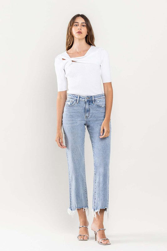 High Rise Distressed Hem Crop Dad Jeans, Vervet by Flying Monkey