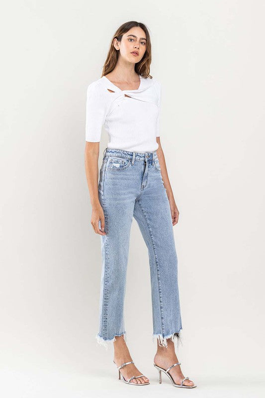 High Rise Distressed Hem Crop Dad Jeans, Vervet by Flying Monkey