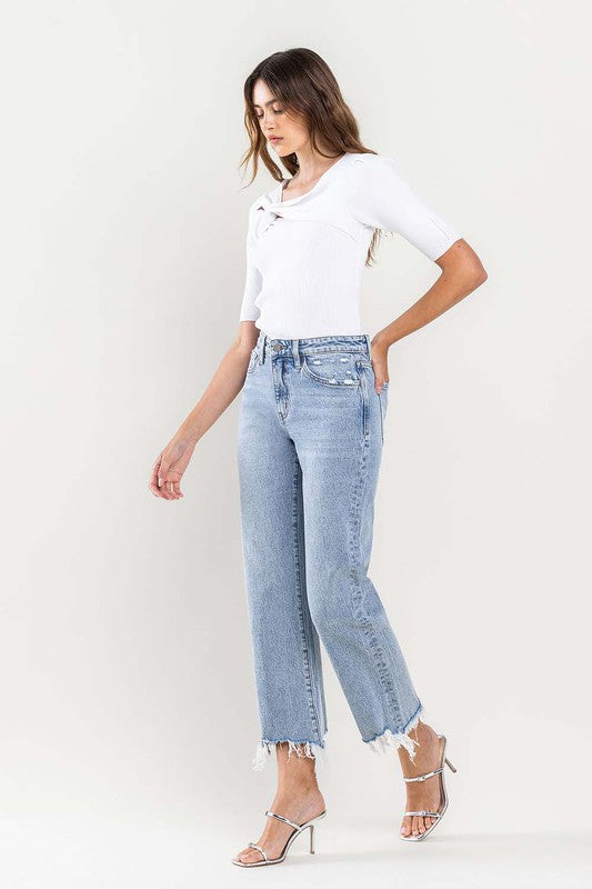 High Rise Distressed Hem Crop Dad Jeans, Vervet by Flying Monkey