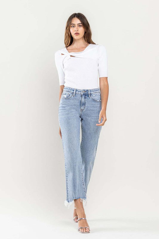 High Rise Distressed Hem Crop Dad Jeans, Vervet by Flying Monkey