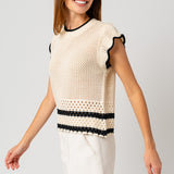 Round Neck Ruffle Sleeveless Color Contrast Top,Gilli