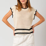 Round Neck Ruffle Sleeveless Color Contrast Top,Gilli