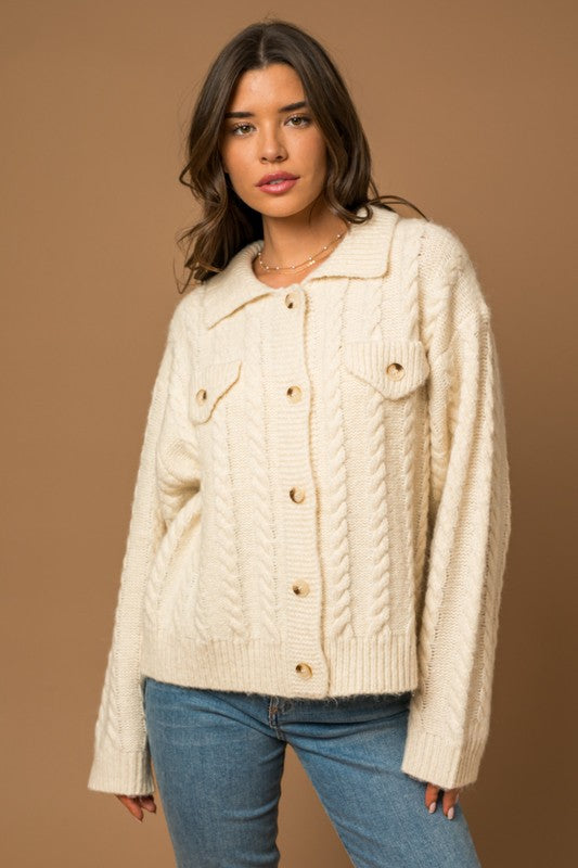 Collared Cable Sweater Cardigan, Gilli