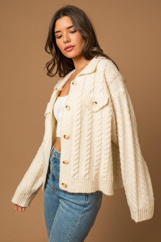 Collared Cable Sweater Cardigan, Gilli